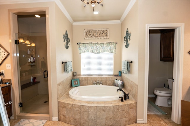 bathroom with ornamental molding, plus walk in shower, and toilet