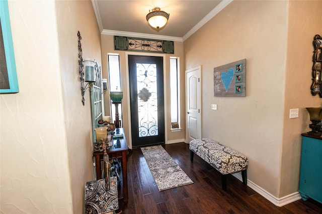 entrance foyer with wood-type flooring and ornamental molding