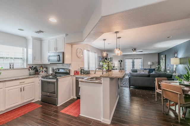 kitchen with white cabinetry, sink, kitchen peninsula, and appliances with stainless steel finishes