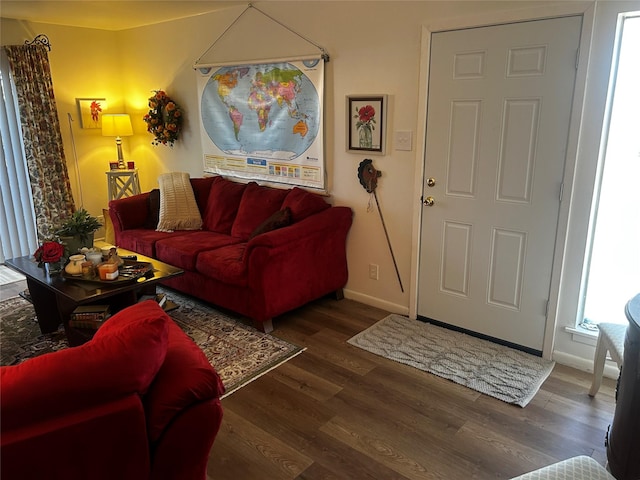 living room featuring dark wood-type flooring