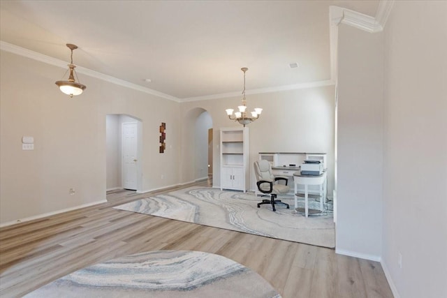 office featuring crown molding and light wood-type flooring