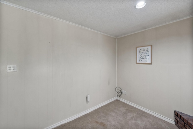 carpeted empty room with ornamental molding and a textured ceiling