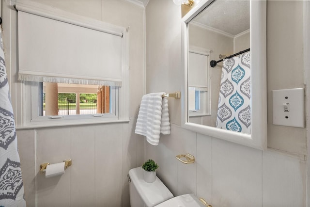 bathroom featuring ornamental molding and toilet