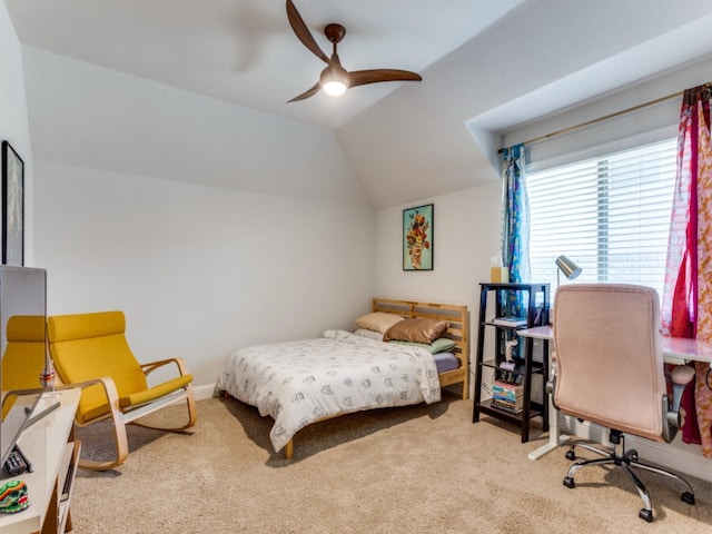 bedroom featuring lofted ceiling, carpet flooring, and ceiling fan