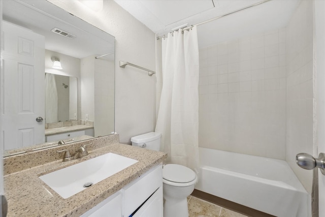 full bathroom with toilet, vanity, and shower / bathtub combination with curtain