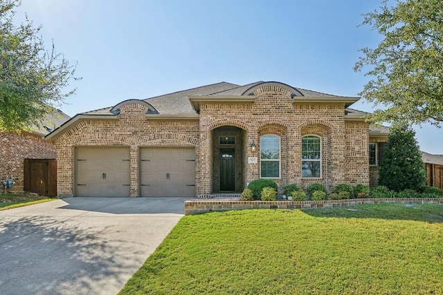 view of front of home with a garage and a front lawn