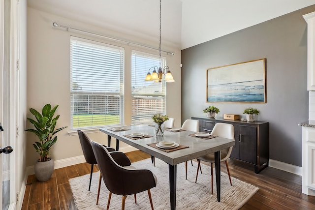 dining room with an inviting chandelier and dark hardwood / wood-style flooring