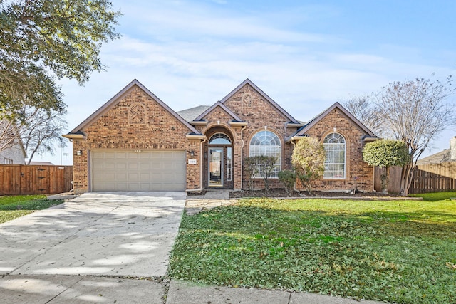 view of property featuring a garage and a front yard