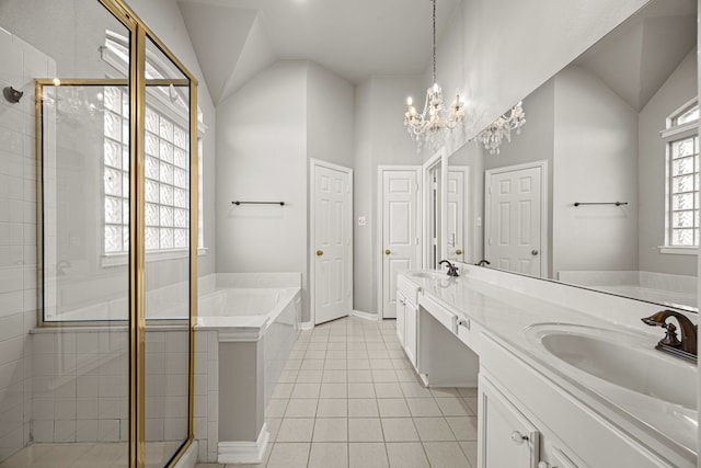 bathroom with lofted ceiling, plus walk in shower, tile patterned flooring, and vanity