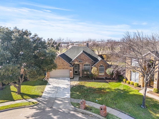 view of front of home with a garage and a front lawn