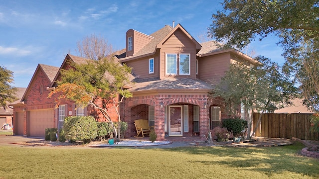 view of front of property with brick siding, a front lawn, fence, driveway, and an attached garage