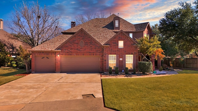 view of front of house with fence, an attached garage, a front lawn, concrete driveway, and brick siding