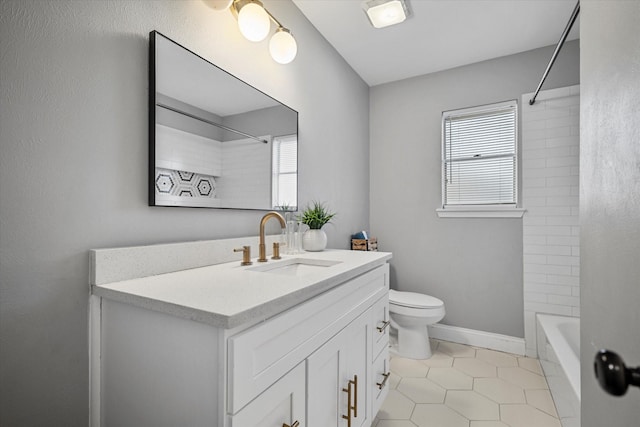 full bathroom featuring vanity, tiled shower / bath combo, tile patterned floors, and toilet