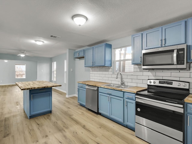 kitchen with blue cabinetry, butcher block counters, sink, stainless steel appliances, and decorative backsplash