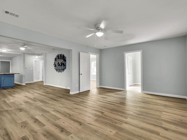 unfurnished living room featuring light hardwood / wood-style floors and ceiling fan