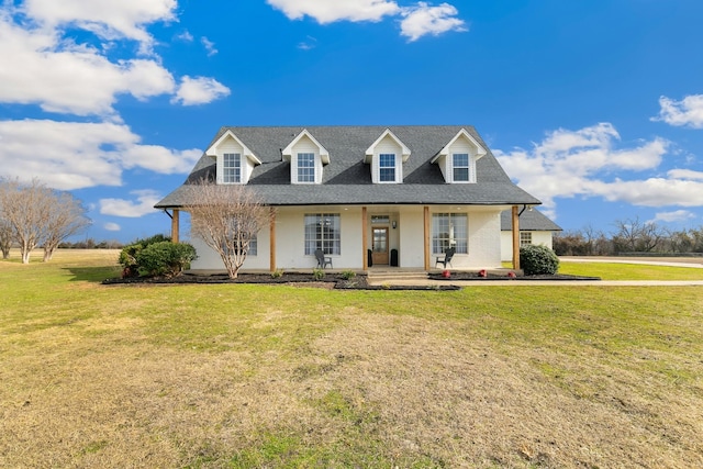 view of front of house with a shingled roof, a front yard, and a porch