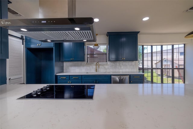 kitchen featuring black electric stovetop, blue cabinets, a sink, stainless steel dishwasher, and range hood