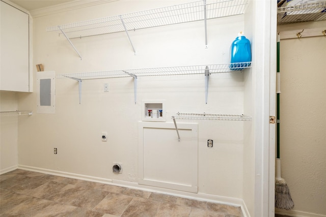 laundry area with washer hookup, ornamental molding, electric panel, and hookup for an electric dryer