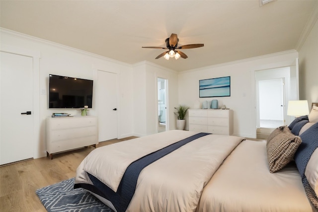 bedroom with ornamental molding, ceiling fan, and light hardwood / wood-style floors