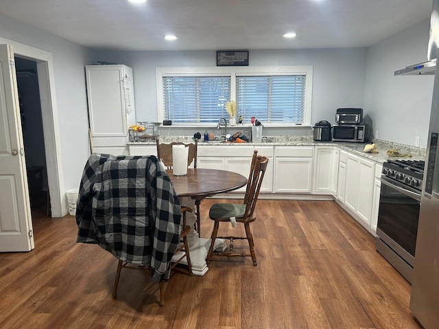 kitchen with white cabinetry, light stone countertops, appliances with stainless steel finishes, and dark hardwood / wood-style flooring