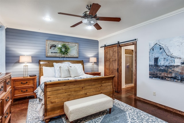 bedroom featuring ceiling fan, ornamental molding, and a barn door