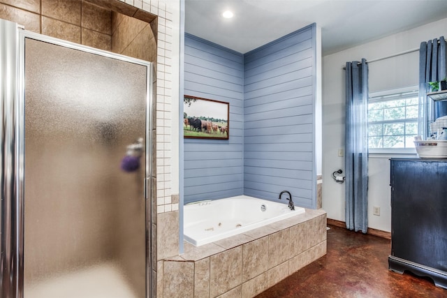 bathroom featuring concrete floors and shower with separate bathtub