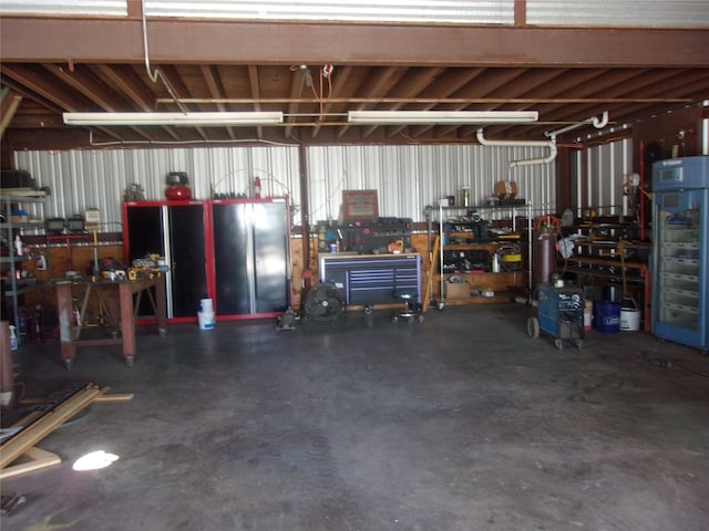 garage with a workshop area