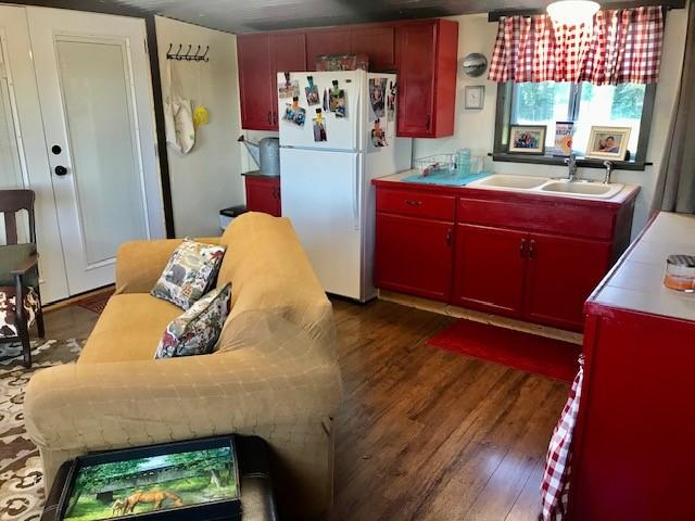 kitchen featuring dark hardwood / wood-style flooring, sink, and white fridge