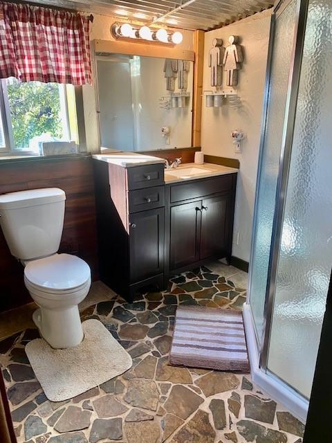 bathroom with vanity, toilet, and a shower with shower door