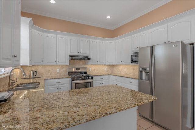 kitchen featuring sink, tasteful backsplash, ornamental molding, appliances with stainless steel finishes, and white cabinets