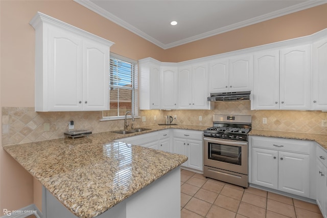 kitchen with white cabinetry, stainless steel range with gas cooktop, crown molding, and sink