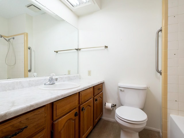 full bathroom featuring independent shower and bath, vanity, and toilet