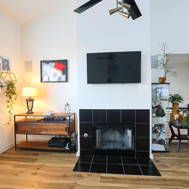 living room with a fireplace and hardwood / wood-style floors