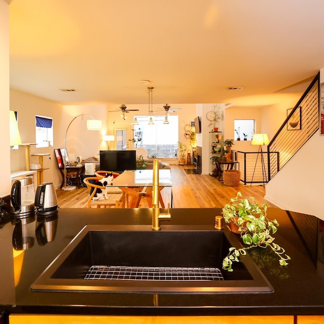 interior space with visible vents, a ceiling fan, a sink, and wood finished floors