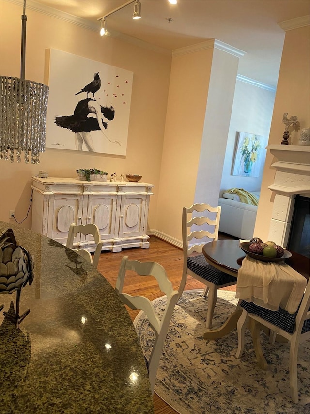 interior space with crown molding, rail lighting, and light hardwood / wood-style flooring