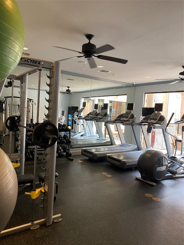 gym featuring ceiling fan