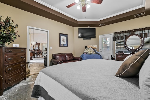 bedroom featuring ceiling fan and ornamental molding