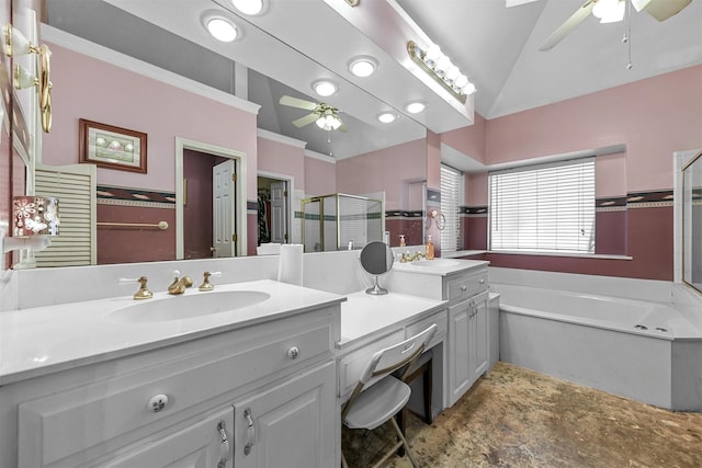 bathroom with vaulted ceiling, vanity, ornamental molding, independent shower and bath, and ceiling fan