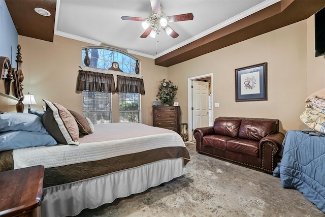 carpeted bedroom with crown molding and ceiling fan