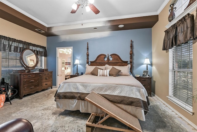 bedroom featuring ornamental molding, carpet floors, connected bathroom, and ceiling fan