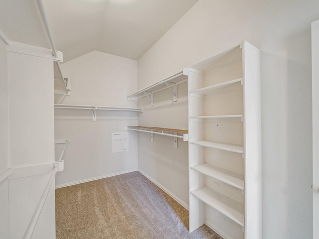 walk in closet with lofted ceiling and light colored carpet