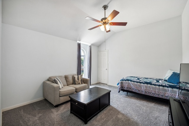 bedroom featuring vaulted ceiling, ceiling fan, and dark carpet