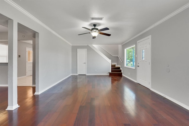 unfurnished living room with crown molding, dark wood-type flooring, and ceiling fan