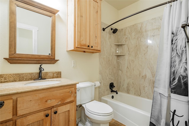 full bathroom with vanity, shower / tub combo, and toilet