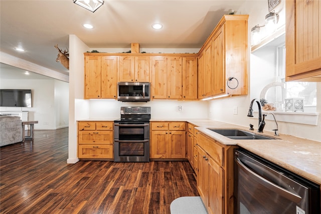 kitchen featuring stainless steel appliances, sink, and dark hardwood / wood-style flooring