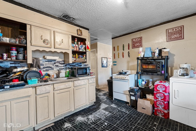 kitchen featuring washer / clothes dryer, sink, a textured ceiling, and white electric range oven