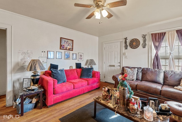 living room featuring hardwood / wood-style flooring and ceiling fan