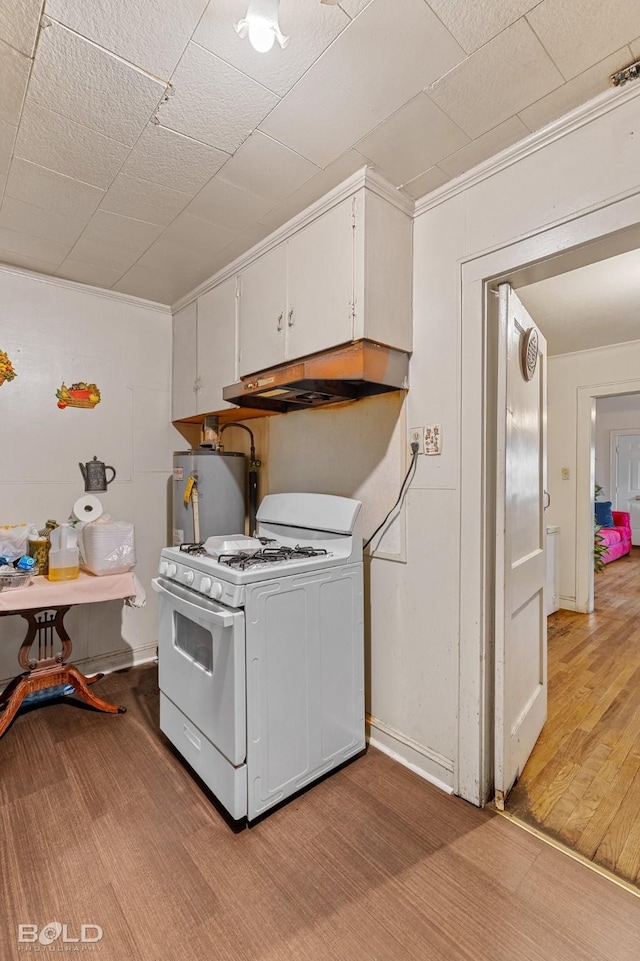 laundry room featuring water heater and light hardwood / wood-style flooring