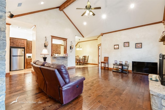 living room featuring high vaulted ceiling, beamed ceiling, dark hardwood / wood-style flooring, ceiling fan, and crown molding