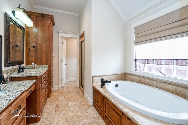 bathroom featuring vanity, crown molding, and shower with separate bathtub